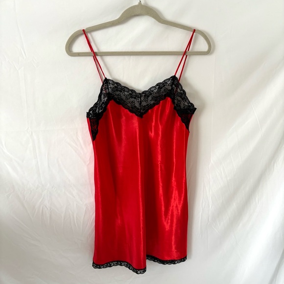 Vintage red black satin lace slip dress nightie lingerie medium large - Picture 7 of 8